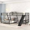 L-Shaped Twin Over Full Bunk Bed With Twin Loft, Built In Desk And Slide - Black