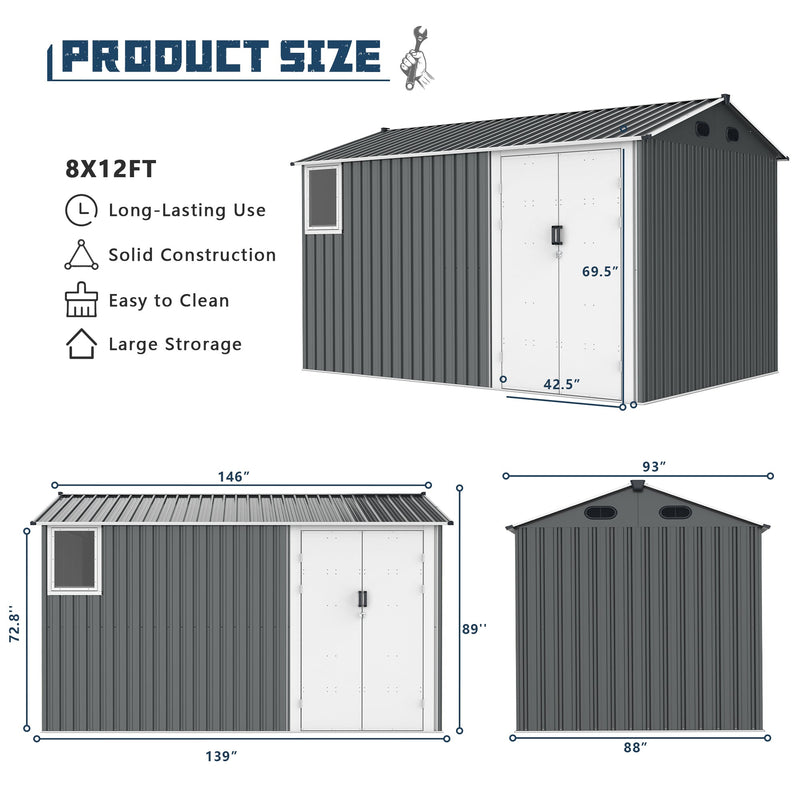 8x12 Ft Metal Outdoor Storage Shed with Window, Floor Base, Air Vents and Double Hinged Door