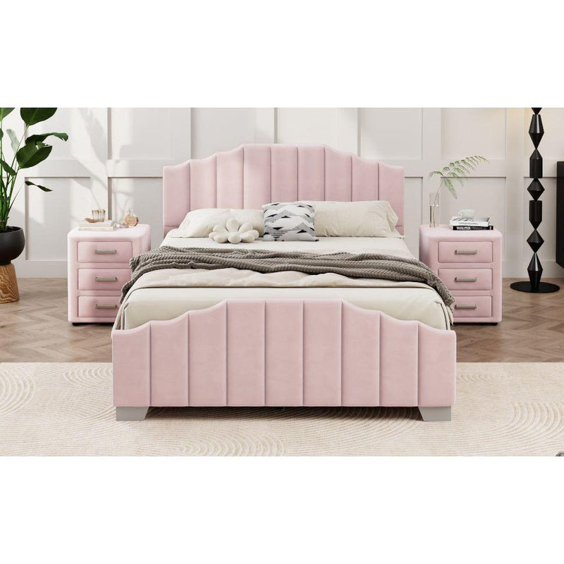 3 Pieces Bedroom Sets Full Size Velvet Upholstered Platform Bed Vertical Channel Tufted Headboard and Two Three-drawer Nightstands,Pink