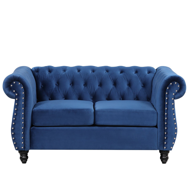 60" modern sofa Dutch plush upholstered sofa, solid wood legs, buttoned tufted backrest, blue
