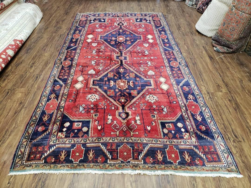 Antique Persian Zanjan Nahavand Heriz Rug, Red & Blue, Hand-Knotted, 5' x 9' 7"