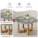 A modern and practical circular dining table. Made of MDF tabletop and wooden MDF table legs. A set of 4 brown cushioned chairs.