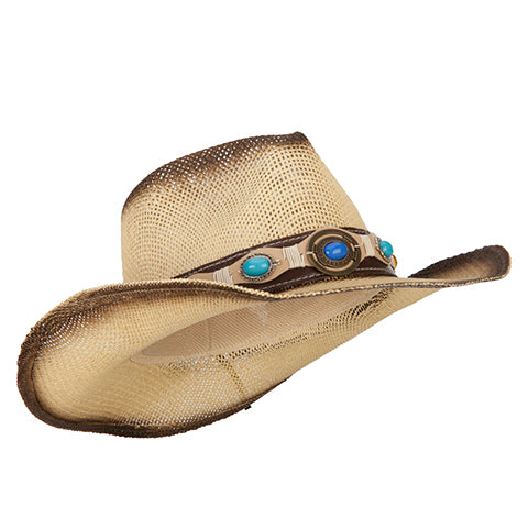 Pleather Precious Stone Accented Straw Cowboy Hat
