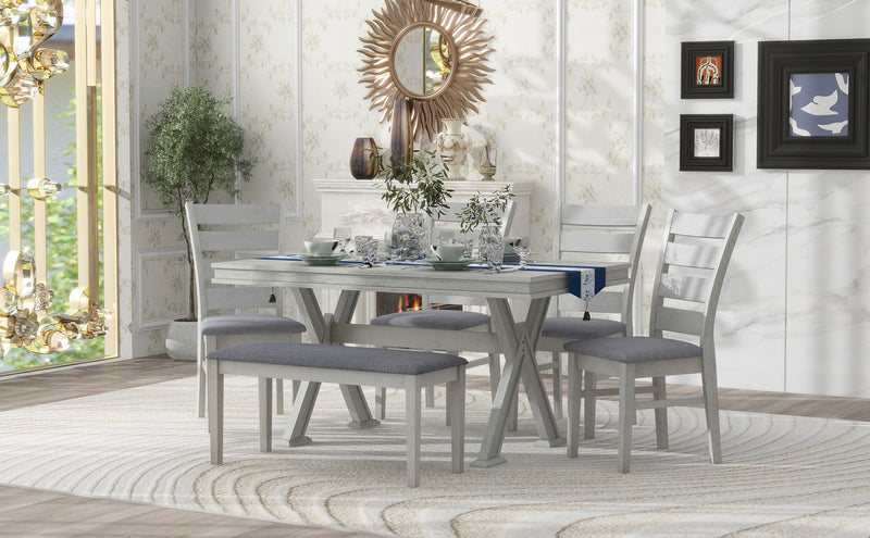 6-Piece Retro 59"L Rectangular Dining Table Set, Table with Unique Legs and 4 Upholstered Chairs & 1 Bench for Dining Room and Kitchen (White)