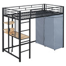 Loft Bed With Desk, Shelves, Power Outlet, LED Light And Wardrobe