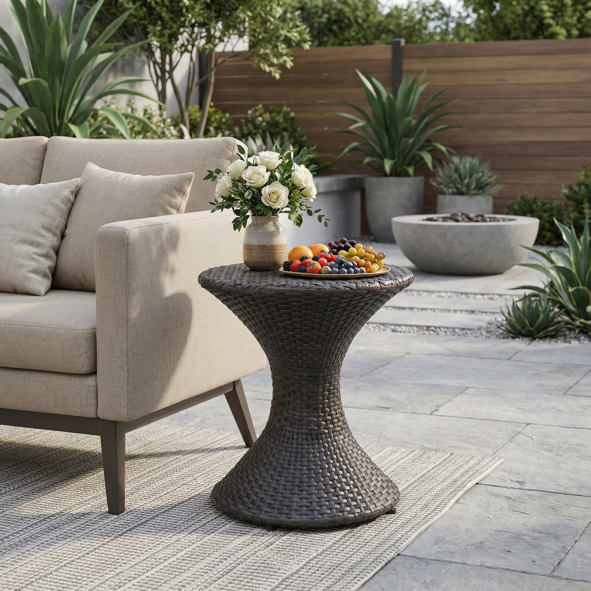 Outdoor 16-Inch Multi-Brown Wicker Hourglass Side Table, photo 2 of 8