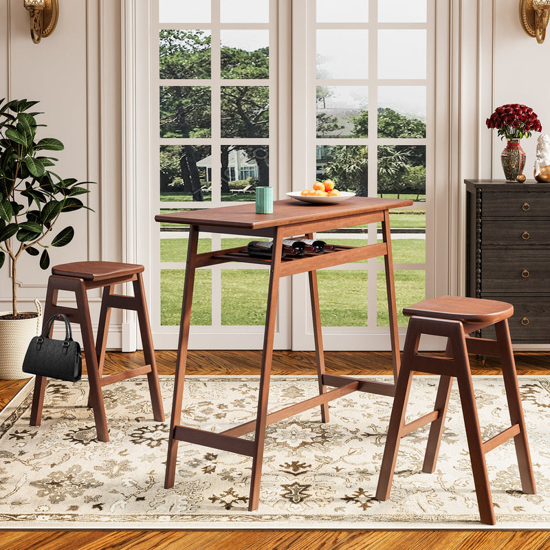 3 PCS Pub Dining Set Retro Bar Table Rubber Wood Stackable Backless High Stool for 2 with Shelf and Hooks for Home Bar Small Space