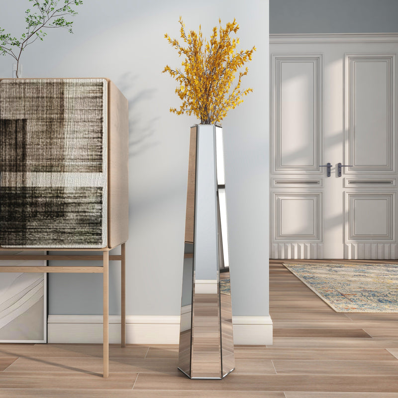 Handmade Silver Glass Floor Vase with Mirrors and MDF, 29.92 Inches Tall