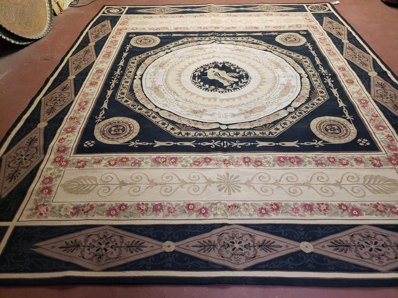 8x10 Woolen Needlepoint Rug Black European Savonnerie Carpet Circles Flat Weave Carpet Area Rug New Handmade Hand-Knotted Harp Flowers