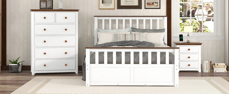 3-Pieces Bedroom Sets Full Size Platform Bed with Nightstand(USB Charging Ports) and Storage Chest,White+Walnut