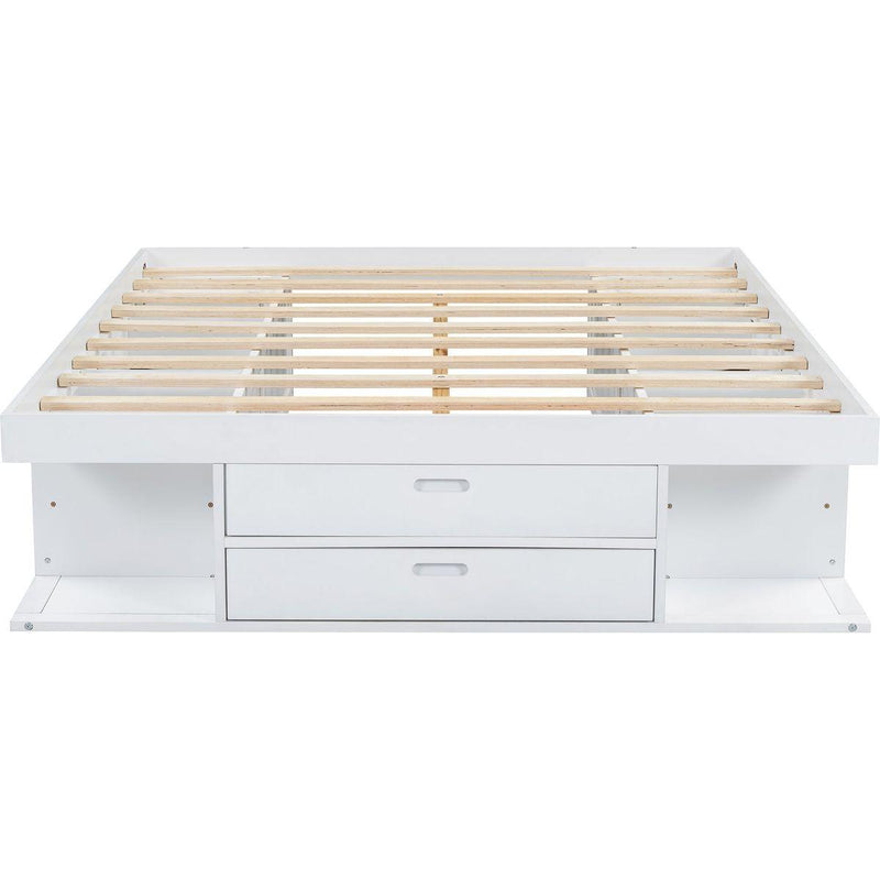 Storage Platform Bed Frame with Multiple Drawers and Shelves No Box Spring Needed, Queen Size,White