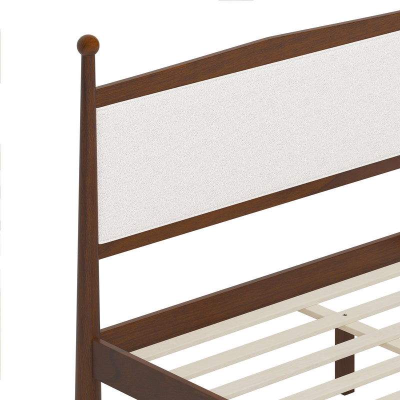 Mid-Century Modern Queen Size Solid Pine Wood Platform Bed with Upholstered Headboard in Boucle, No Box Spring Needed, Brown