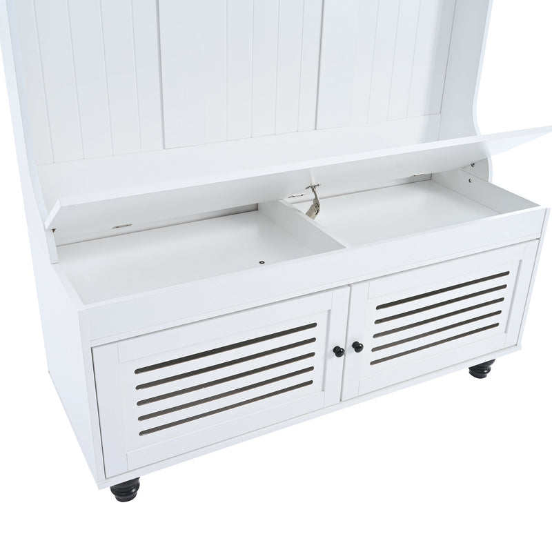 5-in-1 Entryway Bench with Shutter-shaped doors, Coat Rack, Cushion and 4 Sturdy Hooks, 47.2" Wide Hall Tree with Storage Bench for Hallway, Entryway, Living Room