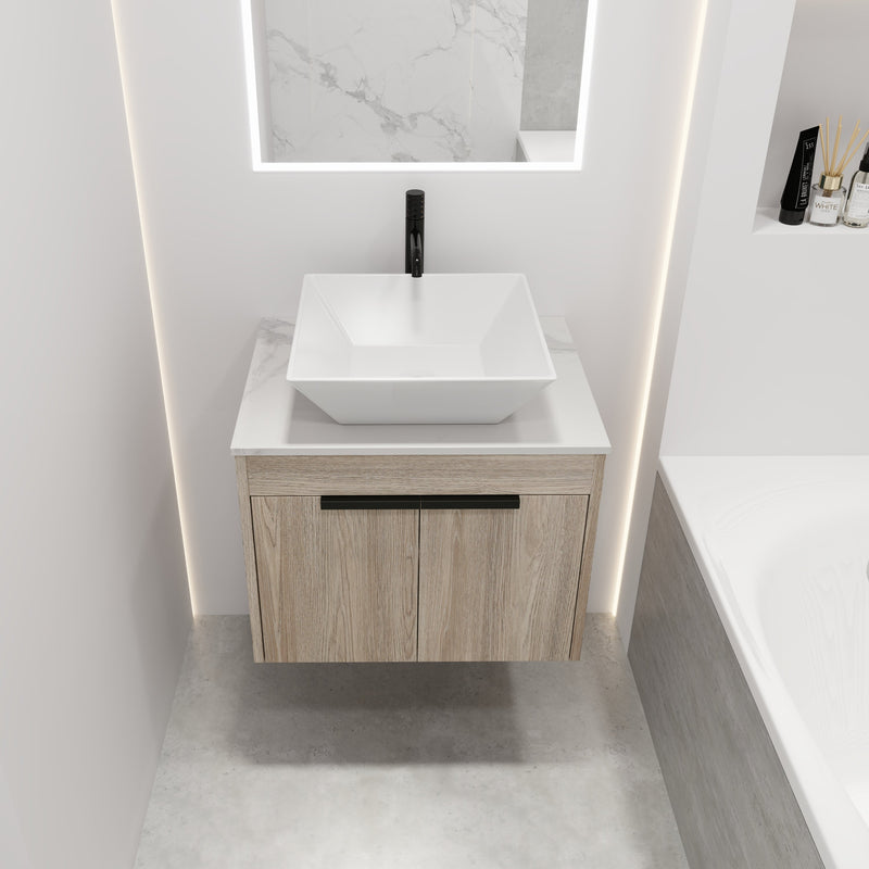 24" Modern Design Float Bathroom Vanity With Ceramic Basin Set, Wall Mounted White Oak Vanity With Soft Close Door, KD-PackingD-Packing Pieces