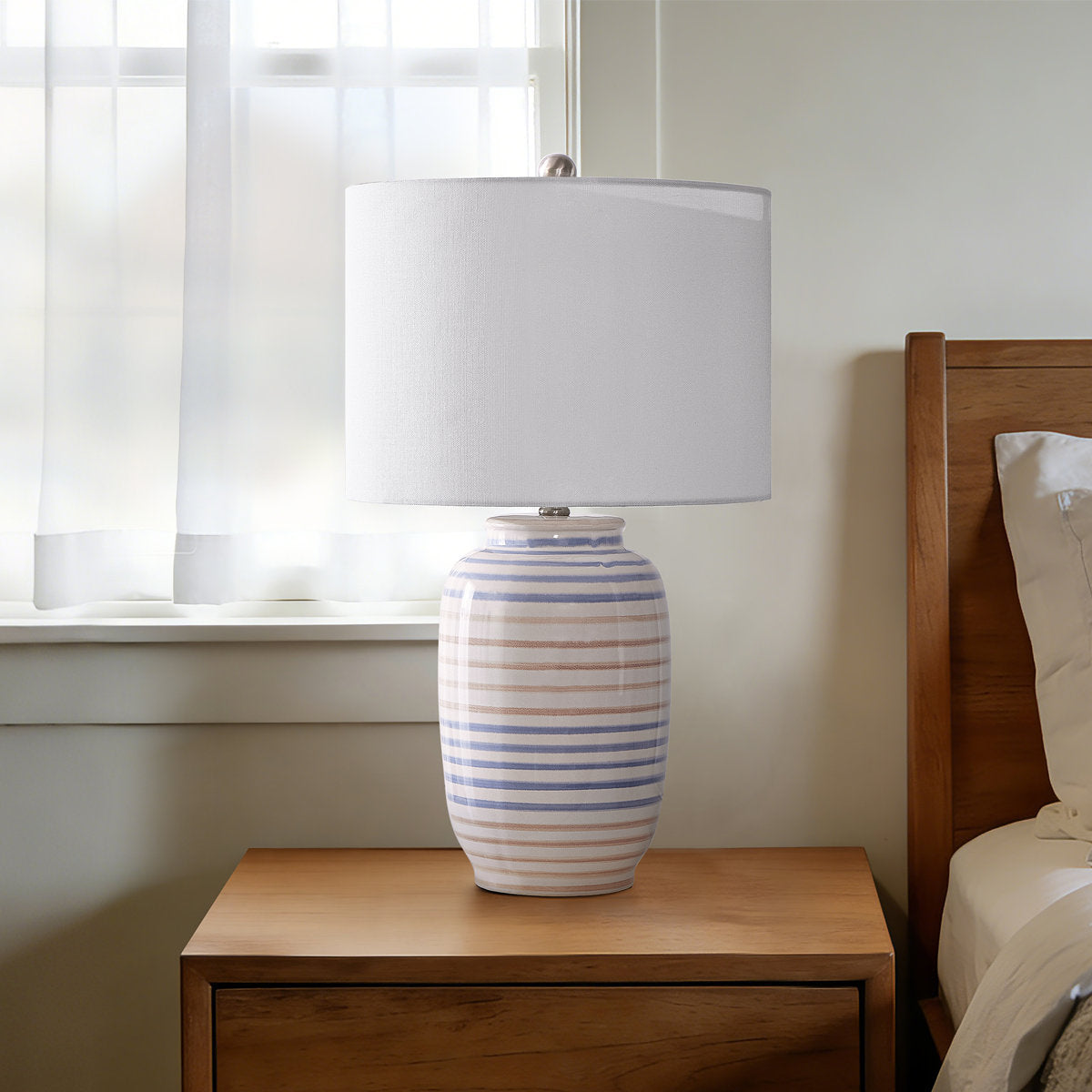 Modern Ceramic Table Lamp, 25 Inches, White with Linen Shade