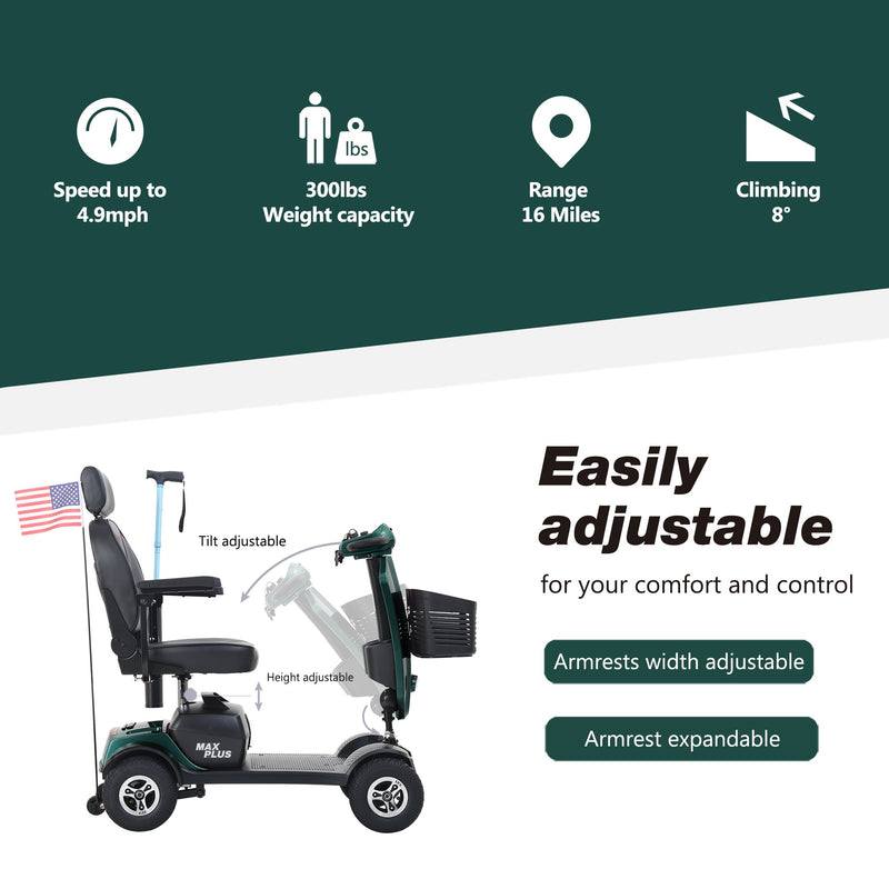 MAX PLUS EMERALD Wheels Outdoor Compact Mobility Scooter with 2pcsx20AH Lead acid Battery, 16 Miles, Cup Holders & USB charger Port