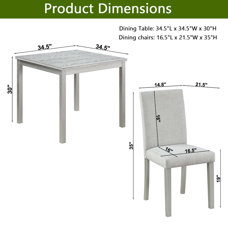 5 Piece Wooden Dining Table Set, Kitchen Table Set with a Square Table and 4 Upholstered Chairs, Wooden Dining Room Table with Crystal Decoration and Chairs Set for Kitchen, Dining Room, Gray