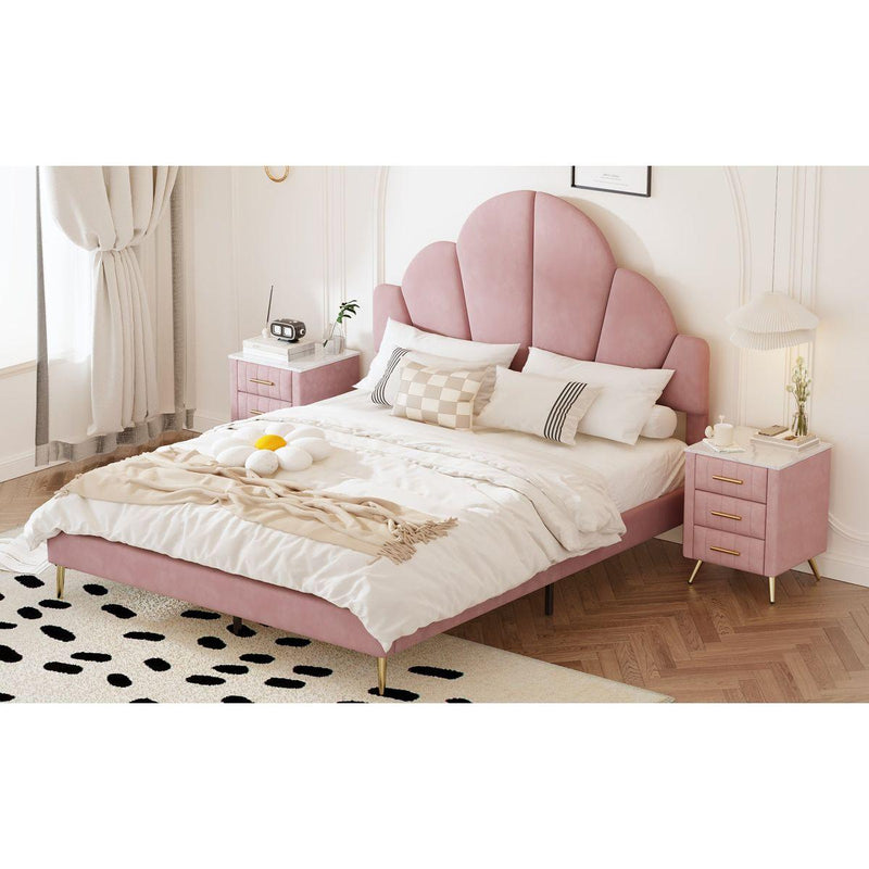 Queen Size Upholstered Bed Frame with Elegant Design, Modern Velvet Platform Bed with Petal Shape Headboard,Pink