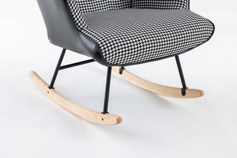 35.5 inch Rocking Chair with Footrest, Soft Houndstooth Fabric Leather Fabric Rocking Chair for Nursery, Comfy Wingback Glider Rocker with Safe Solid Wood Base for Living Room Bedroom Balcony (black)