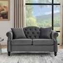 57" Chesterfield Sofa Grey Velvet for Living Room, 2 Seater Sofa Tufted Couch with Rolled Arms and Nailhead for Living Room, Bedroom, Office, Apartment, two pillows
