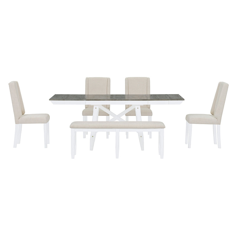 6-Piece Classic Dining Table Set, Rectangular Extendable Dining Table with two 12"W Removable Leaves and 4 Upholstered Chairs & 1 Bench for Dining Room (Brown+White)