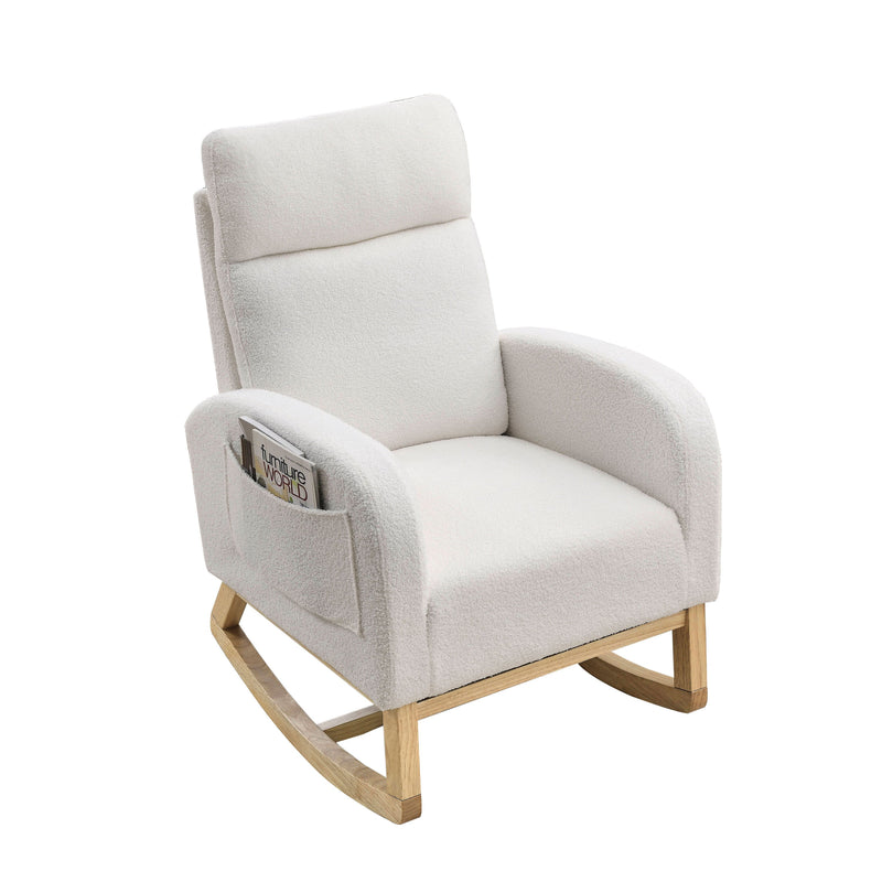 27.6"W Modern Accent High Backrest Living Room Lounge Arm Rocking Chair, Two Side Pocket, Teddy White (Ivory)
