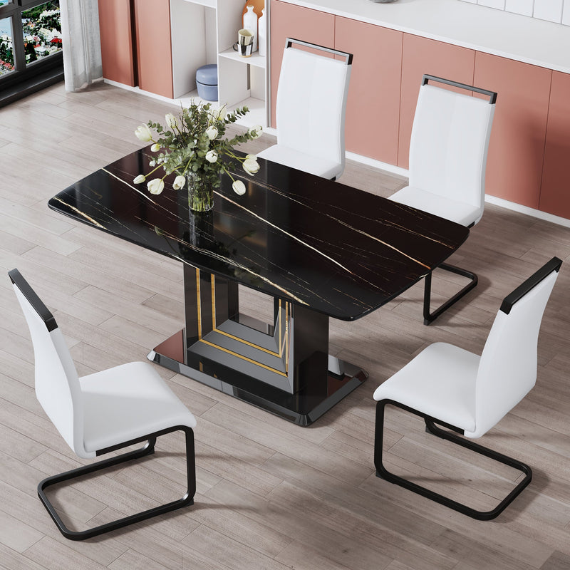 A table and four chairs. The table features a black imitation marble pattern tabletop and black gold MDF legs. The chair has a white PU backrest cushion and black metal legs. F-SQ
