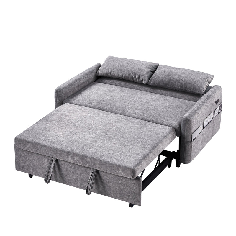 55.1" Pull Out Sleep Sofa Bed Loveseats Sofa Couch with Adjustable Backrest, Storage Pockets, 2 Soft Pillows, USB Ports for Living Room, Bedroom, Apartment, Office,Grey