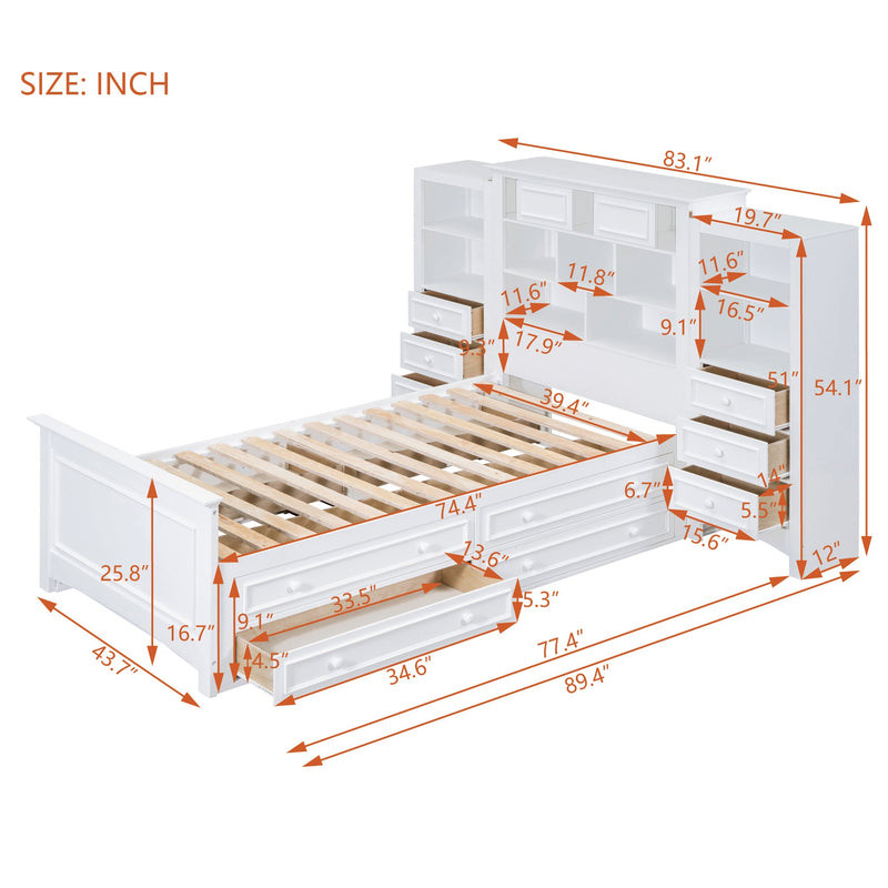 Twin Size Wood Platformbed with Vertical All-in-One Cabinet and 4 Drawers on each side, White