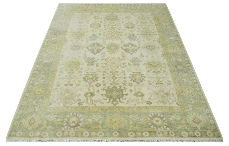 Earthy Ivory and Olive 9x12 Traditional Antique Finish Hand knotted Wool Area Rug