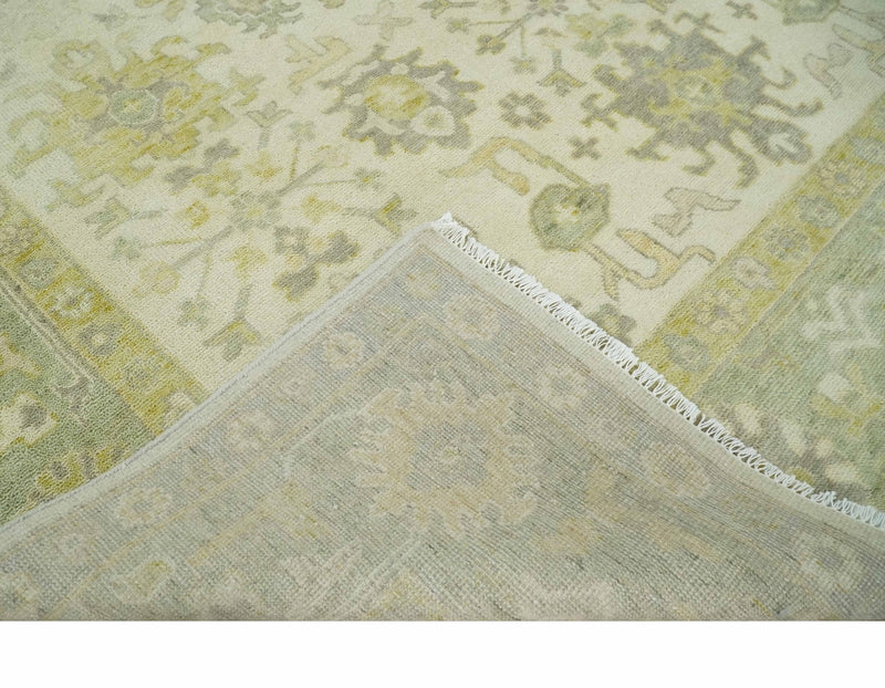 Earthy Ivory and Olive 9x12 Traditional Antique Finish Hand knotted Wool Area Rug