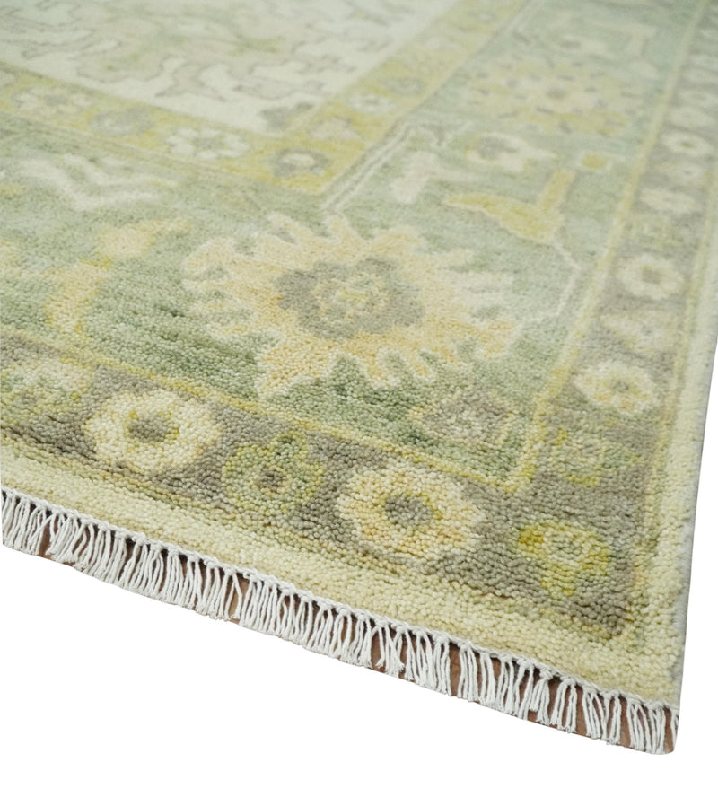 Earthy Ivory and Olive 9x12 Traditional Antique Finish Hand knotted Wool Area Rug