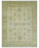 Earthy Ivory and Olive 9x12 Traditional Antique Finish Hand knotted Wool Area Rug