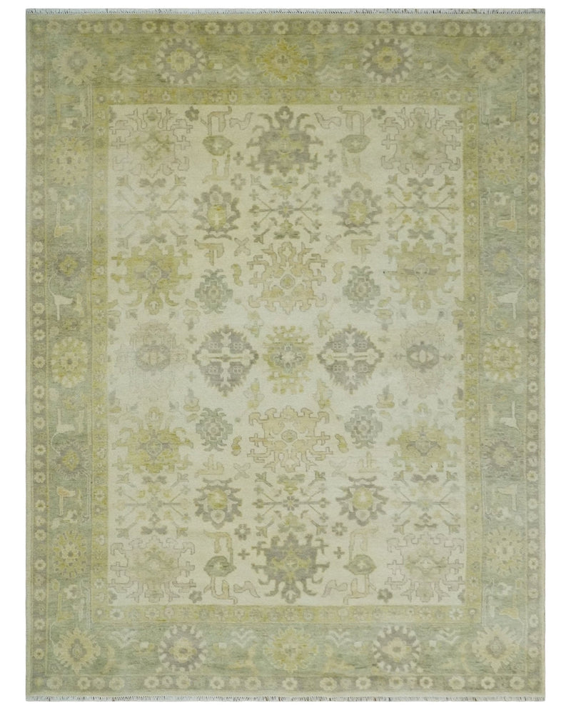 Earthy Ivory and Olive 9x12 Traditional Antique Finish Hand knotted Wool Area Rug