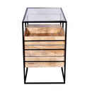 35 Inch Handcrafted Modern Glass Table, Storage Shelves, 3 Drawers, Metal Frame, Natural Brown and Black