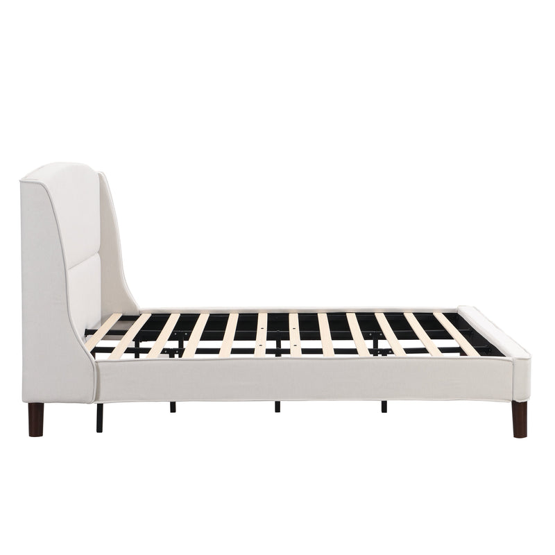 King Size Bed Frame Upholstered Platform Bed with Wingback Headboard,Beige