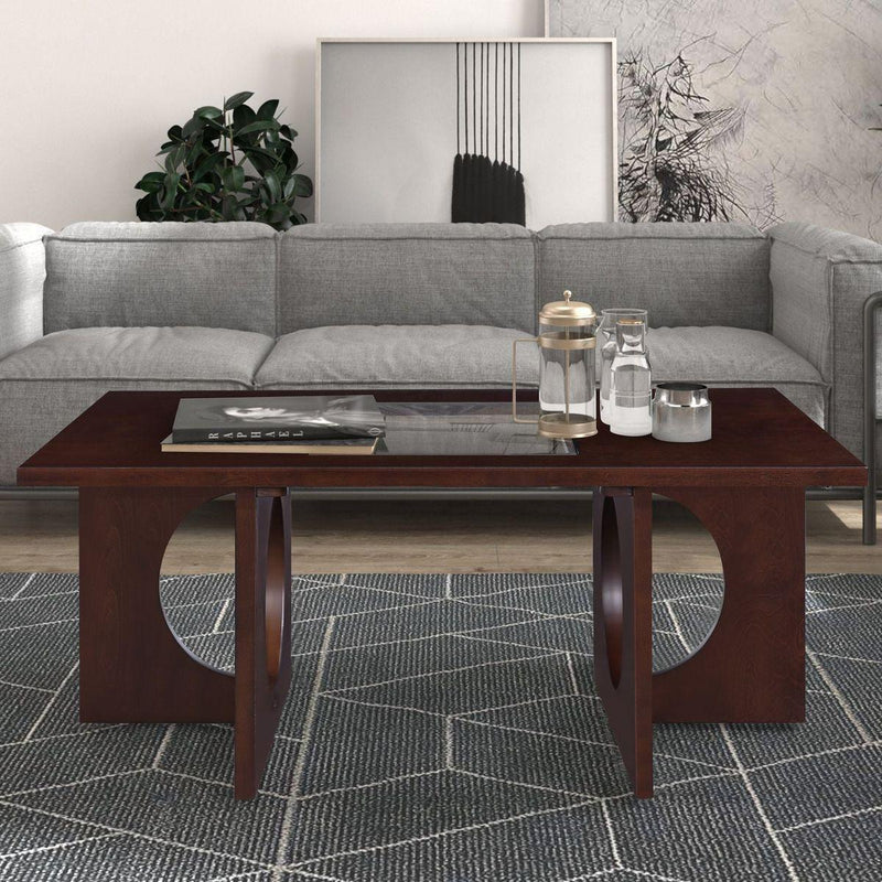 47" Contemporary Wood Rectangular Coffee Table with Clear Tempered Glass Top, Light Espresso