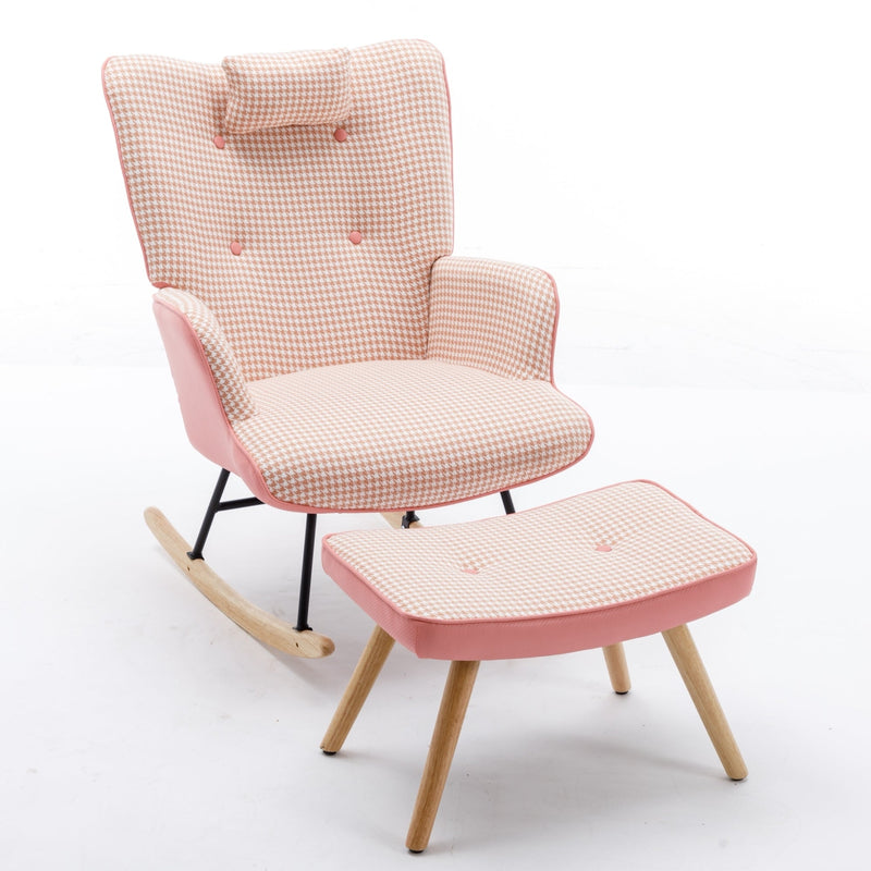 35.5 inch Rocking Chair, Soft Houndstooth Fabric Leather Fabric Rocking Chair for Nursery, Comfy Wingback Glider Rocker with Safe Solid Wood Base for Living Room Bedroom Balcony (pink)