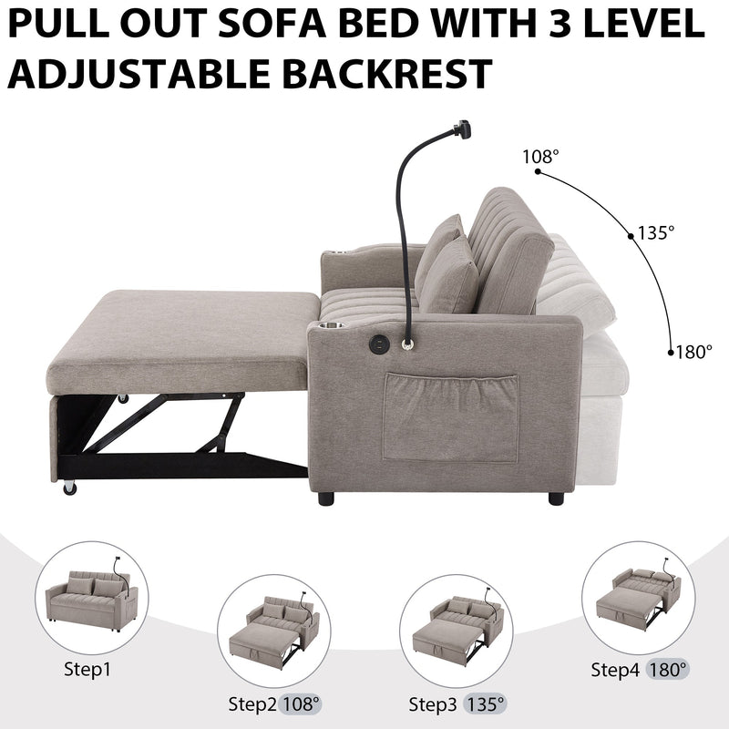 55.9" Convertible Sofa Bed Loveseat Sofa with Three USB Ports, Two Side Pockets, Two Cup Holders and 360Swivel Phone Holder for Living Room, Light Grey