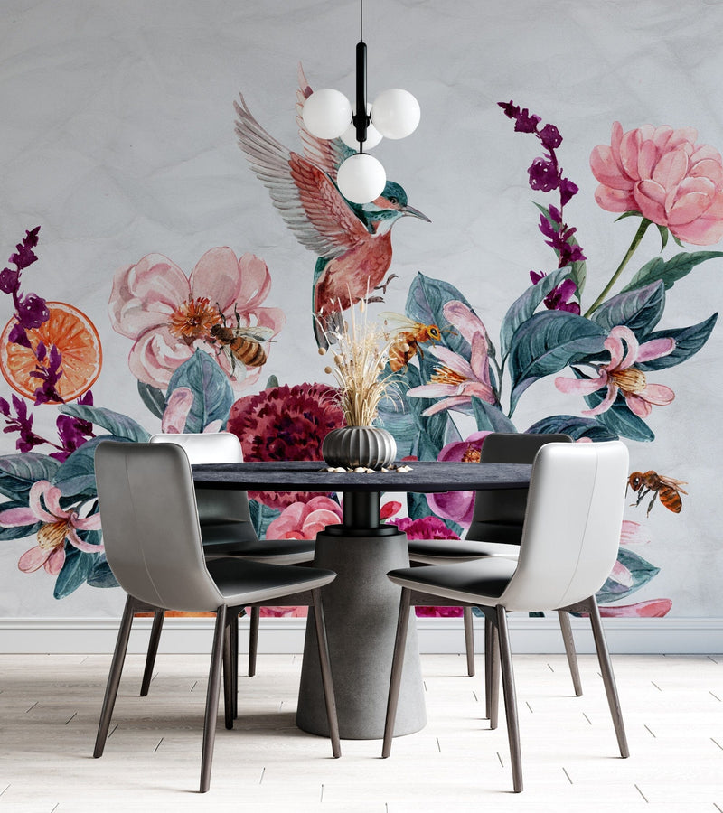 Flying Birds with Flower Bouquet Wallpaper Mural