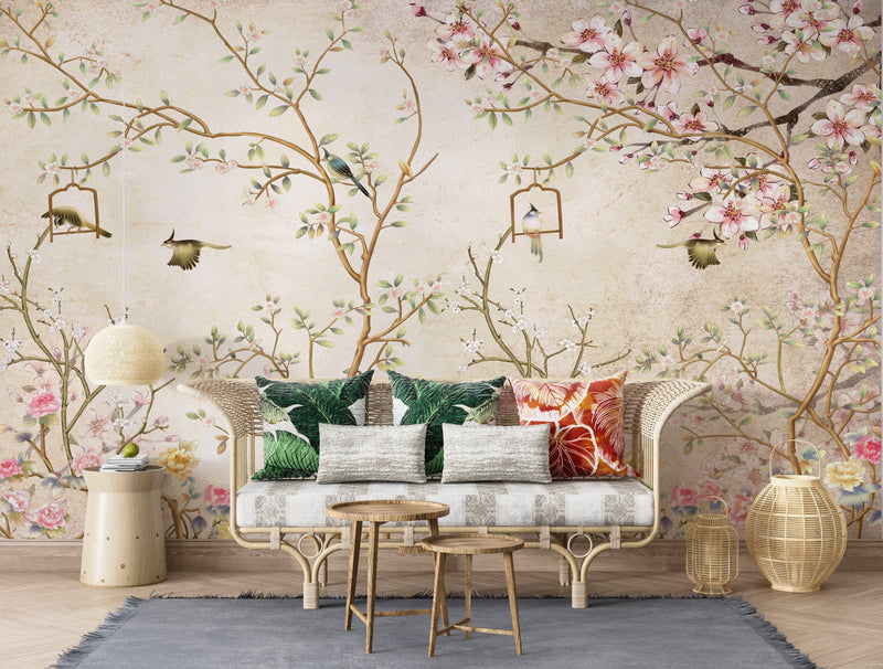 Vintage Cherry Blossom Chinoiserie Wallpaper Mural