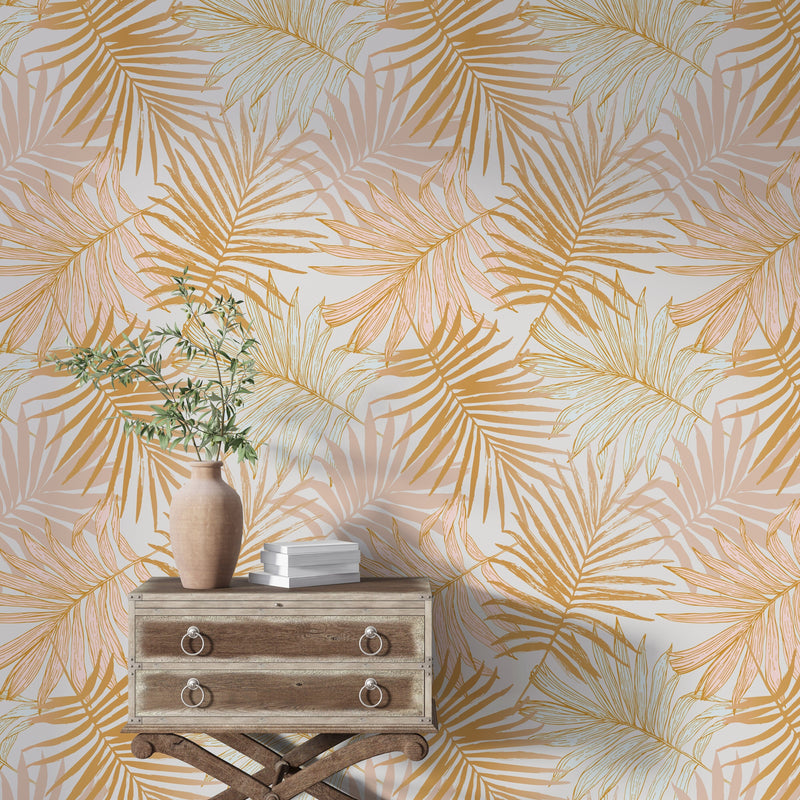 Golden Tropical Leaves Wallpaper Peel and Stick