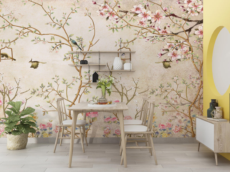 Vintage Cherry Blossom Chinoiserie Wallpaper Mural