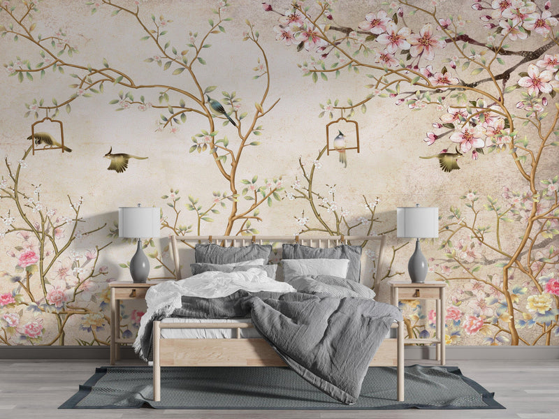 Vintage Cherry Blossom Chinoiserie Wallpaper Mural