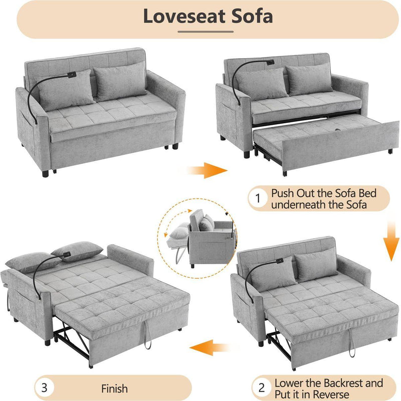 56.9' Loveseat Sofa Pull-out Sofa Bed Sleeper Sofa with a Reversible Backrest Cushion, Side Pockets, Two USB Ports and a Phone Holder for Living Room, Grey
