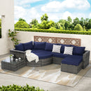 8 Piece Outdoor Patio Sofa Set, Sectional L- Shaped Patio Furniture Wicker Patio Conversation Set with Curved Sofa  Ottoman & Glass Top Table for Backyard Poolside