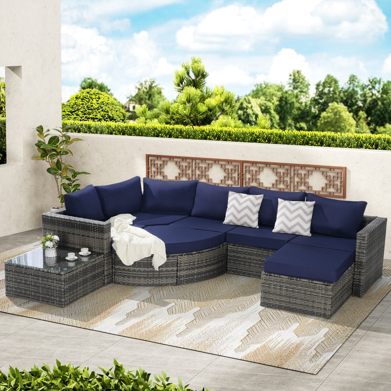 8 Piece Outdoor Patio Sofa Set, Sectional L- Shaped Patio Furniture Wicker Patio Conversation Set with Curved Sofa  Ottoman & Glass Top Table for Backyard Poolside