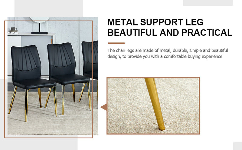 A modern minimalist rectangular dining table suitable for 6-8 people, a set of 6-piece PU leather backrest and gold metal legs modern dining chairs. F-OC