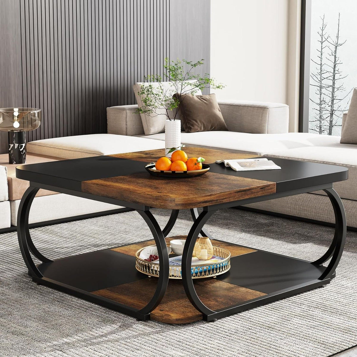 Square Coffee Table With Storage Shelf, 2 Tier For Living Room - Brown / Black, photo 12 of 12