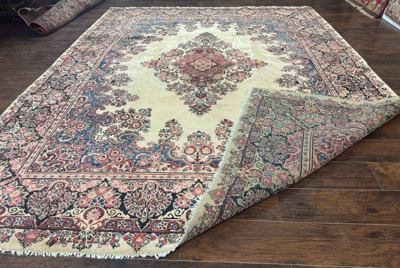 Persian Sarouk Rug 9x12, Ivory & Blue, Semi Open Field